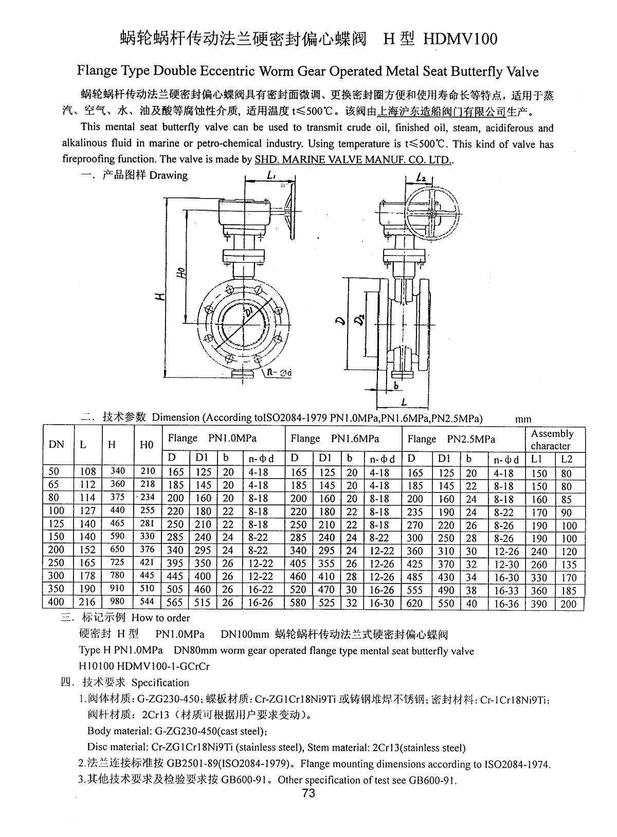 Marine Flange Type Double Eccentric Worm Gear Operated Metal Seat Butterfly Valve HDMV100