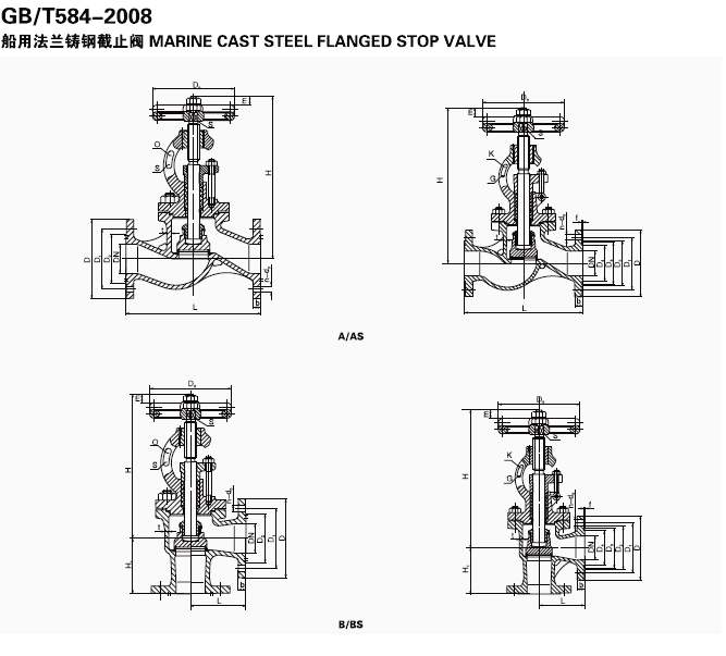 Marine Cast Steel Flanged Globe Valve GB/T584-2008 B/BS Angle Type