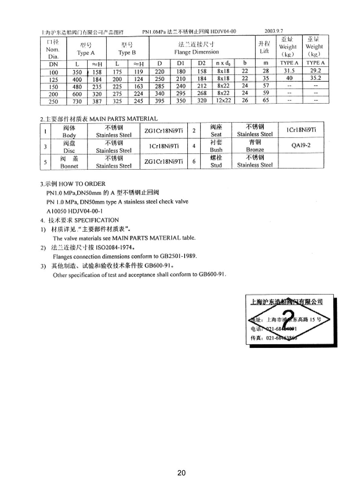 Marine PN1.0 MPa STAINLESS STEEL CHECK VALVE HDJV04-00