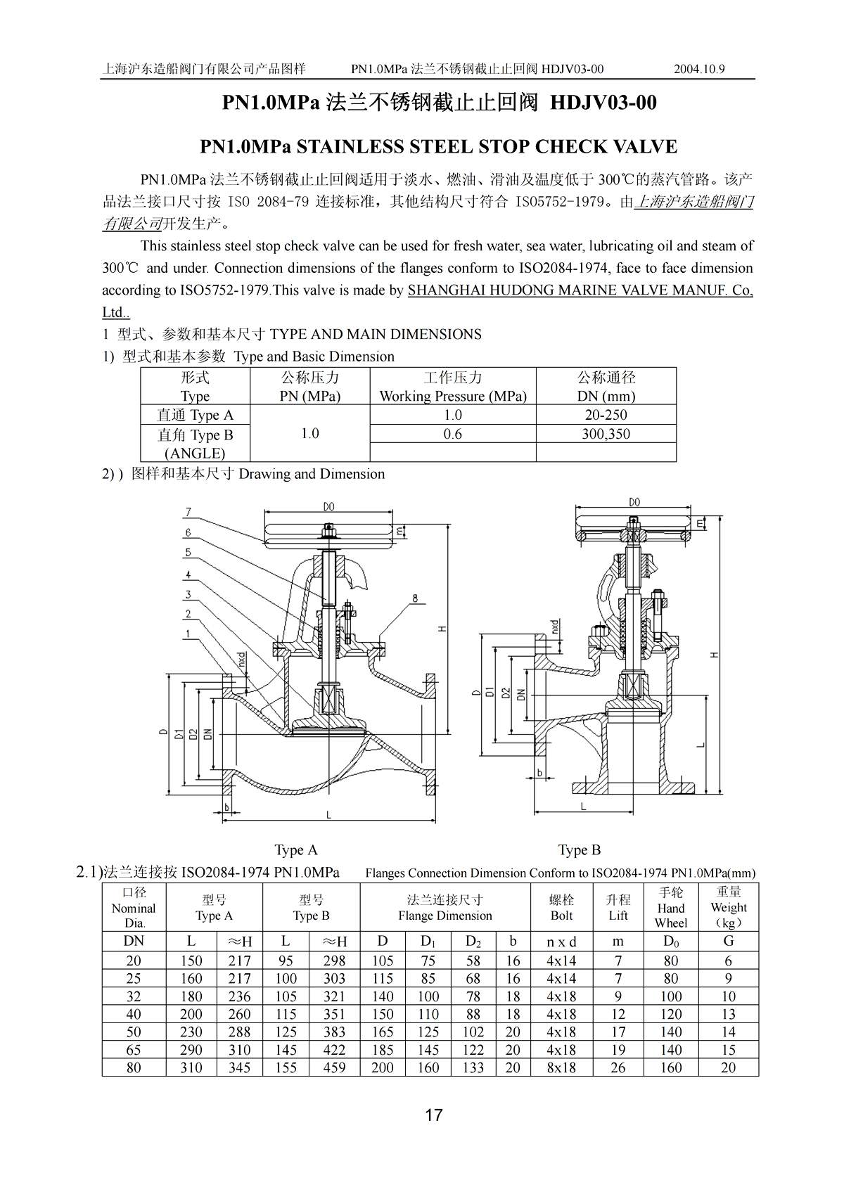 Marine PN1.0 MPa STAINLESS STEEL STOP CHECK VALVE HDJV03-00