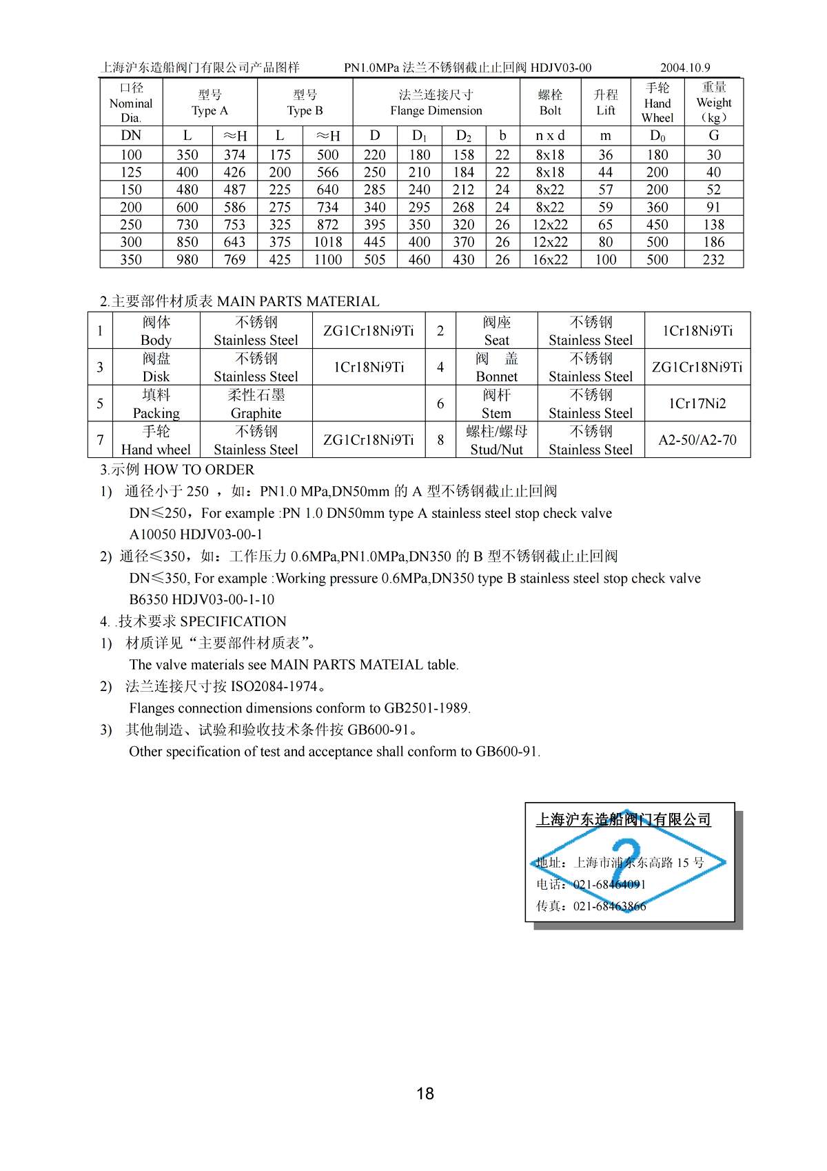 Marine PN1.0 MPa STAINLESS STEEL STOP CHECK VALVE HDJV03-00