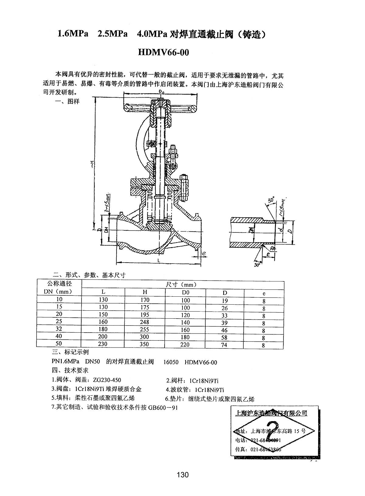 Marine 1.6 MPa &2.5 MPa 4.0 Mpa Butt Welding Straight Globe Valve HDMV66-00