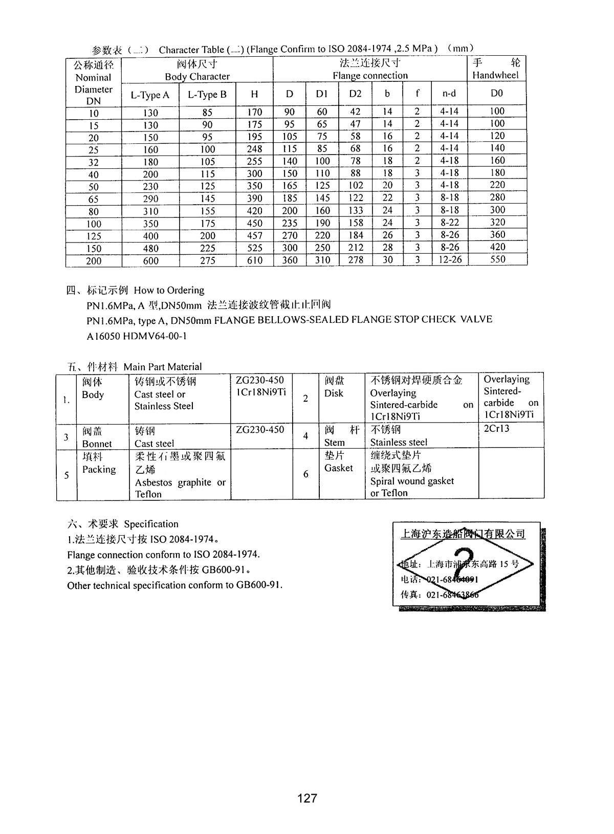 Marine 1.6 MPa &2.5 MPa FLANGE BELLOWS-SEALED STOP CHECK VALVE HDMV64-00-1