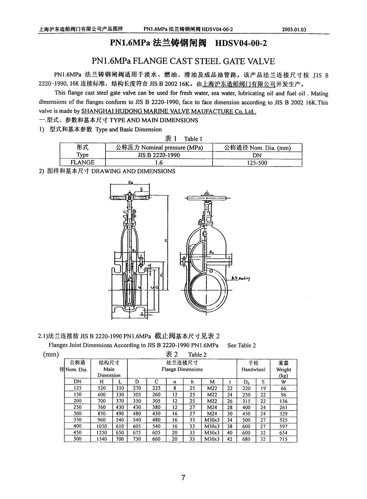 Marine PN1.0 1.6 MPa FLANGE CAST STEEL GATE VALVE HDSV04-00-2