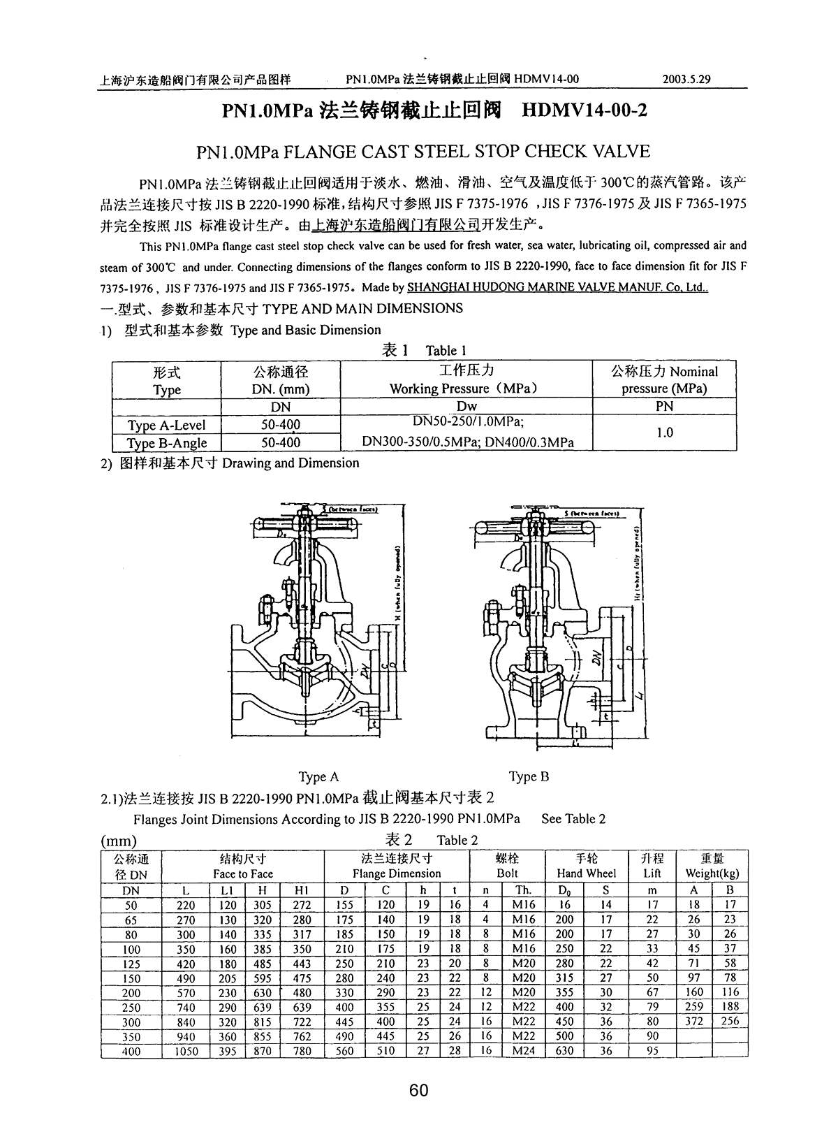 Marine PN1.0 Mpa FLANGE CAST STEEL STOP CHECK VALVE HDMV14-00-2