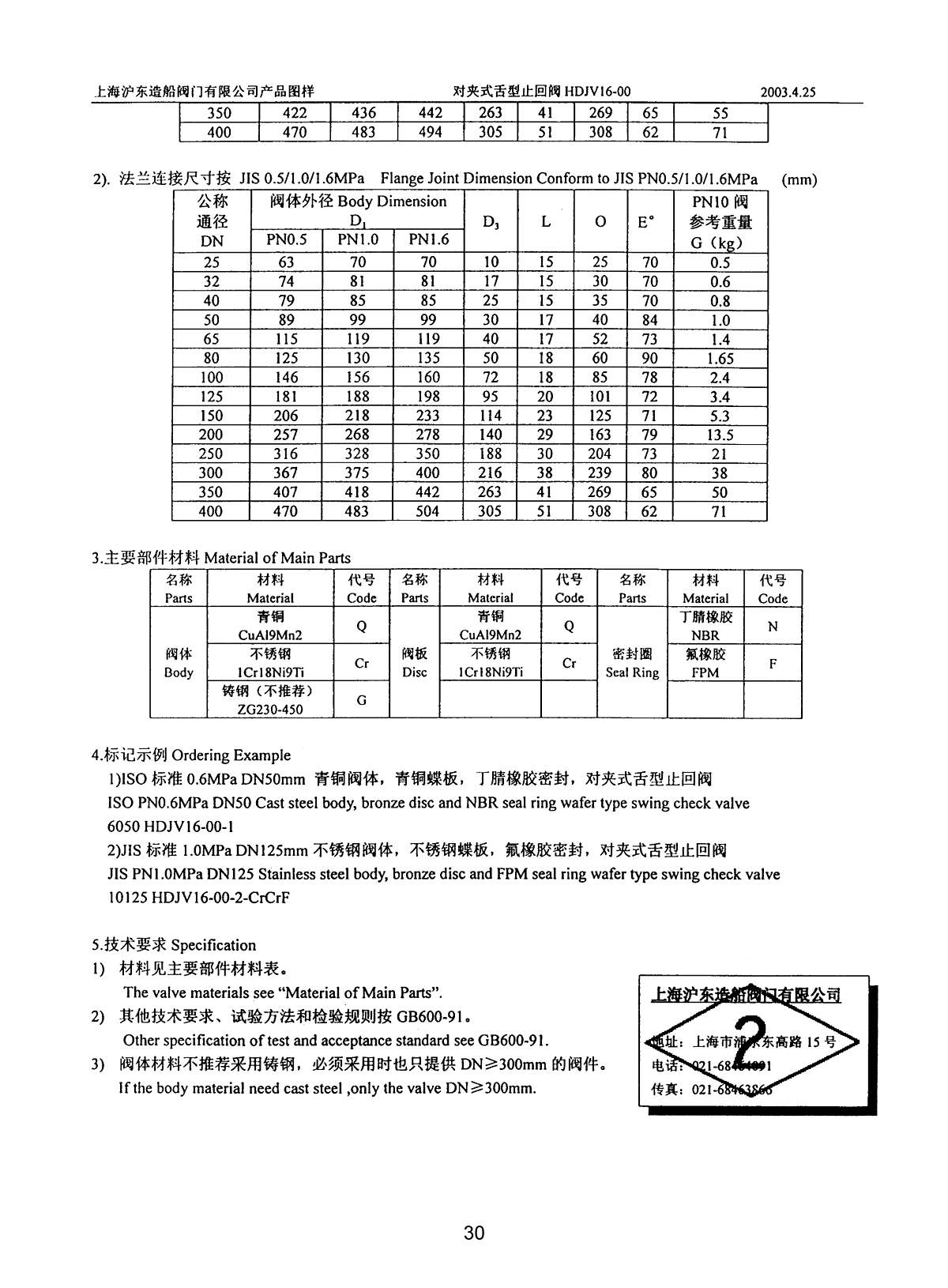 Marine WAFER TYPE SWING CHECK VALVE HDJV16-00