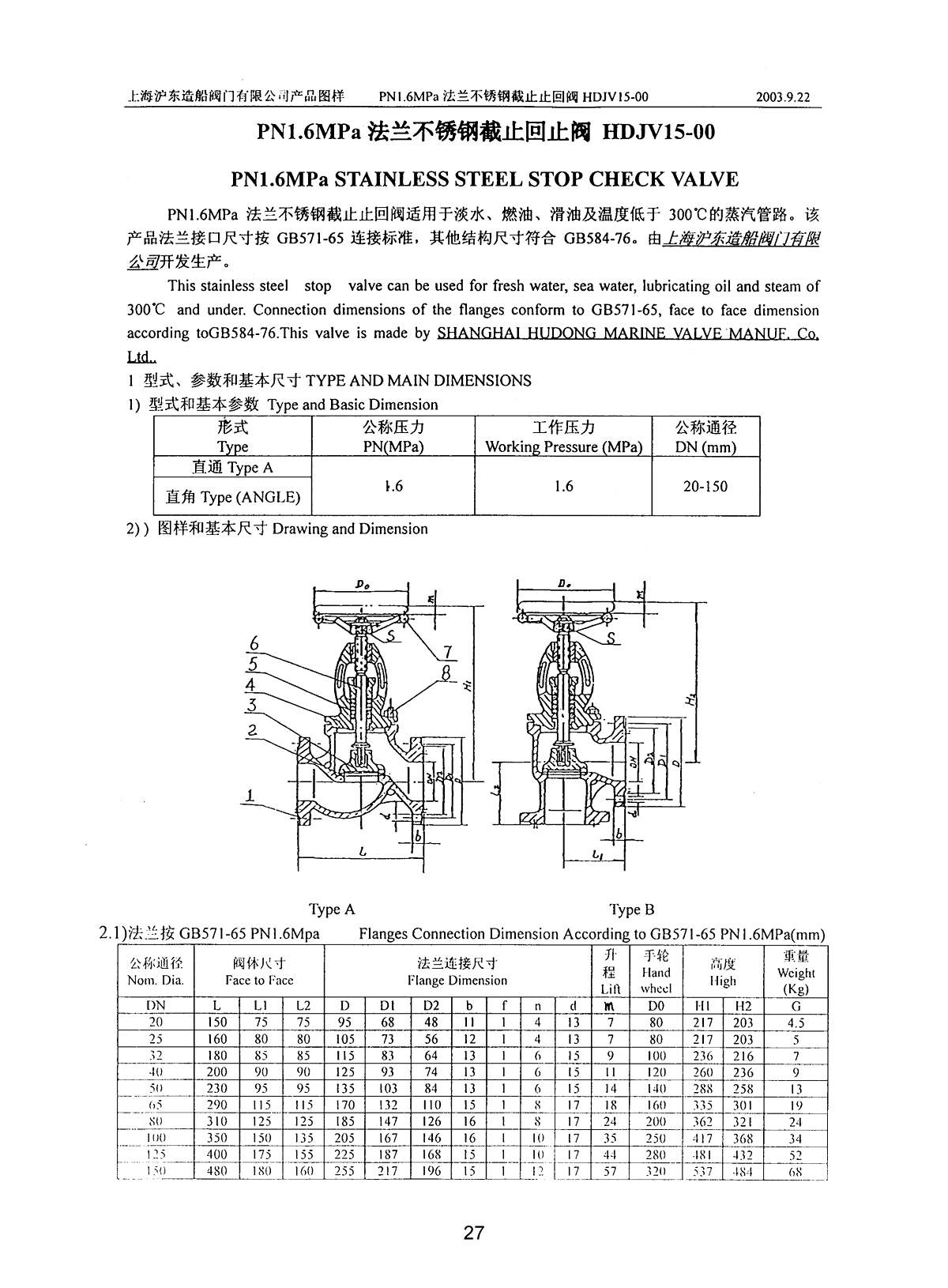 Marine PN1.6 MPa STAINLESS STEEL STOP CHECK VALVE HDJV15-00