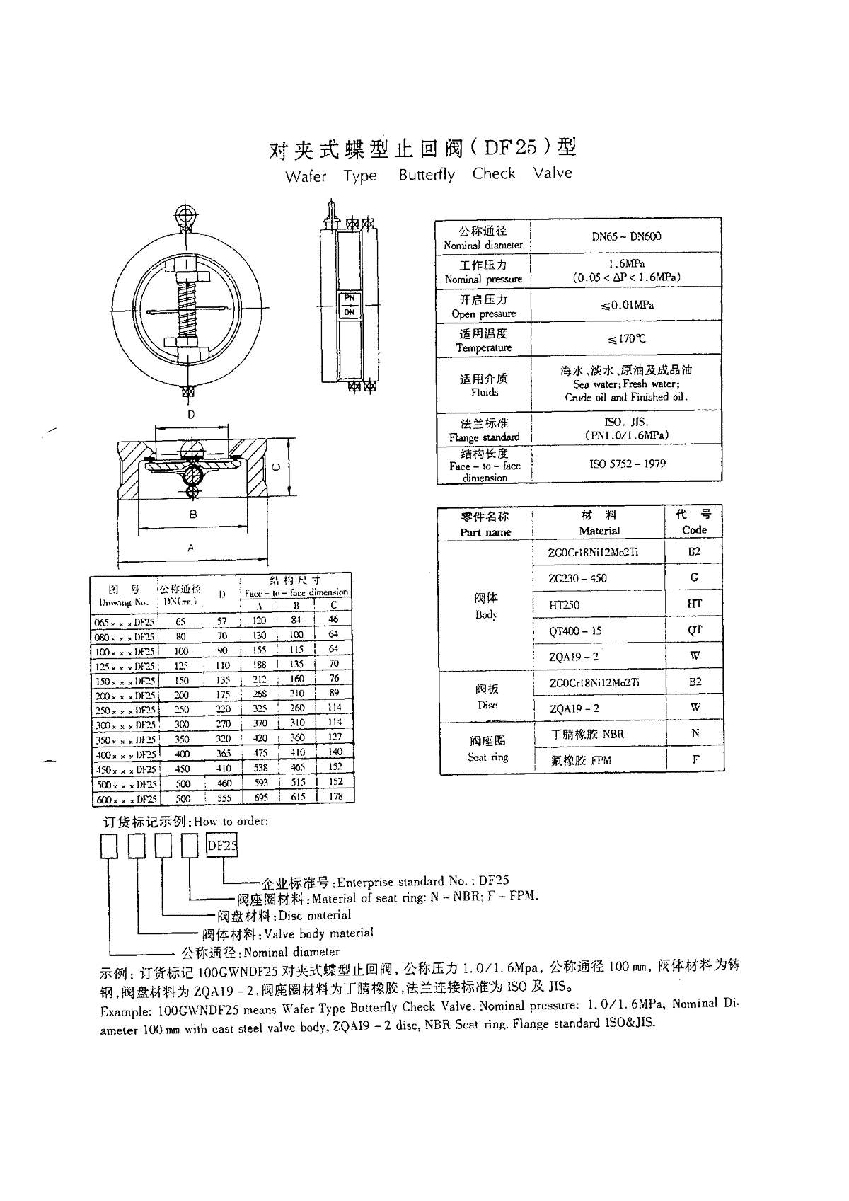 Marine Wafer Type Butterfly Check Valve (Type DF25) Dalian Standard